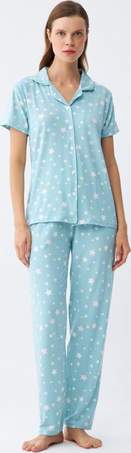 Kadın Buz Mavisi Yıldız Desenli Önden Düğmeli Pijama Takımı