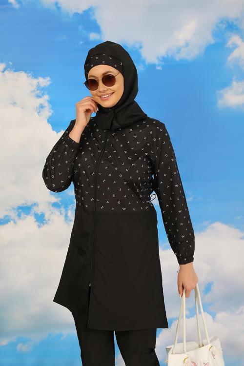 Kadın Pantolonlu Desenli Tam Tesettür Mayo Siyah 31074
