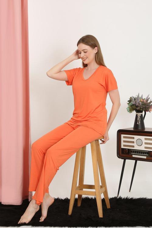 Kadın Kısa Kol Pamuk Penye Pijama Takım Turuncu 4213