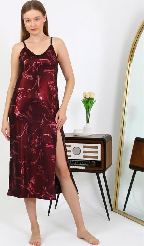Kadın İp Askılı Uzun Parlak Micro Elbise Gecelik  7415 Bordo