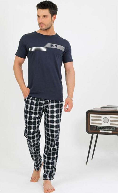 Erkek Pamuk Kısa Kol Pijama Takım Lacivert