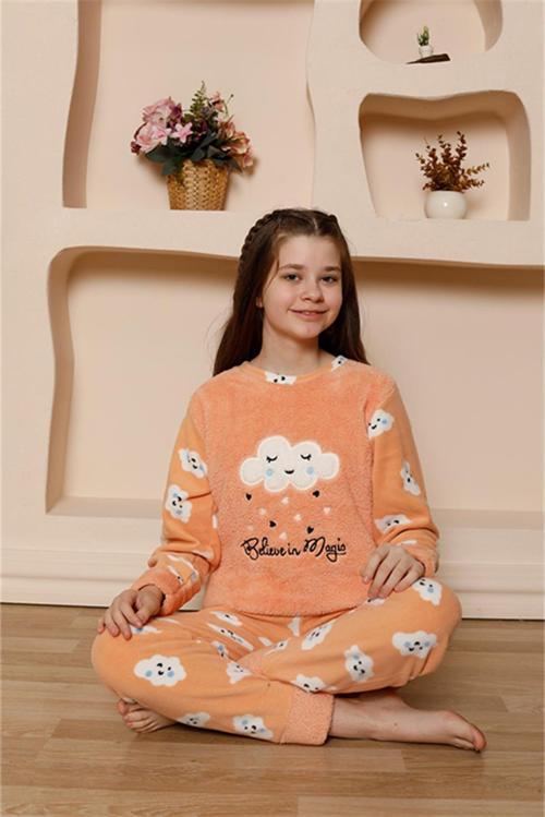 Kız Çocuk WelSoft Polar Turuncu Pijama Takımı