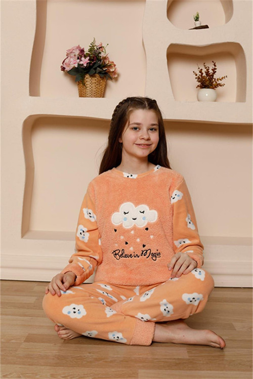 Kız Çocuk WelSoft Polar Turuncu Pijama Takımı