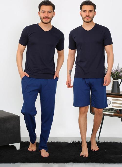 Erkek Penye 3'lü Lacivert V Yaka Pijama Takımı 6822