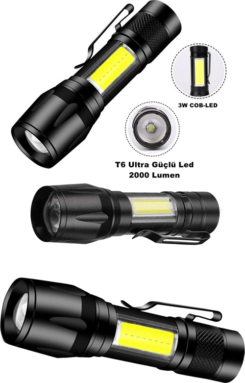 Ultra Çift Yönlü Güçlü Pilli Led El Feneri 2000 Lümen + 6w Cob Led Su Geçirmez Zoomlu 3 Modlu