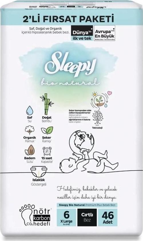 Nessiworld Sleepy Bio Natural Bebek Bezi 2'Li Fırsat Paketi 6 Beden 46 Adet