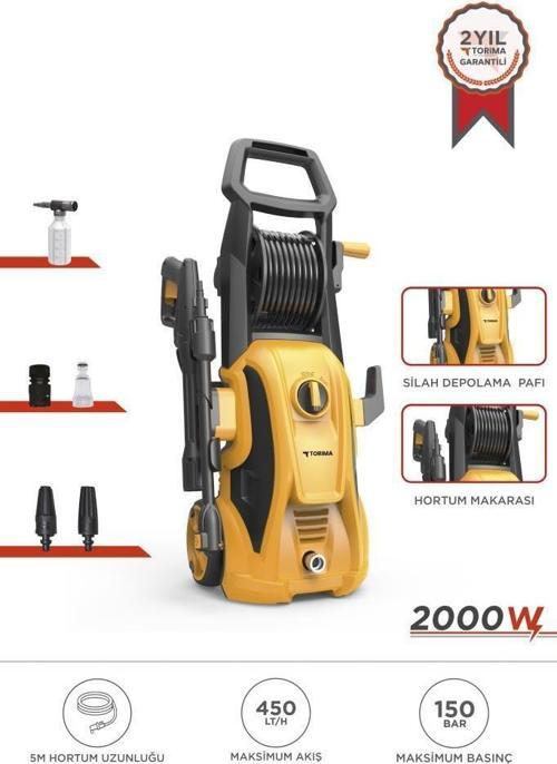 HPC-01 Sarı Yüksek Basınçlı Oto, Halı, Bahçe Temizleme ve Yıkama Makinesi – 2000W, 150 Bar