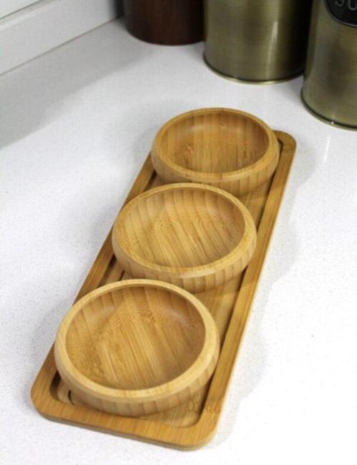 3 Lü Altlıklı Bambu Ağacından Bambu - Çerezlik - Sosluk- Lokumluk - Reçellik - Kahvaltılık