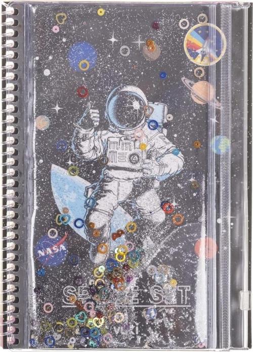 Kalemlikli Not Defteri 48 Sayfa Çizgili Simli ve Sulu Kapaklı Kalem Kutulu A5 Defter Astronot Vk-0112-05