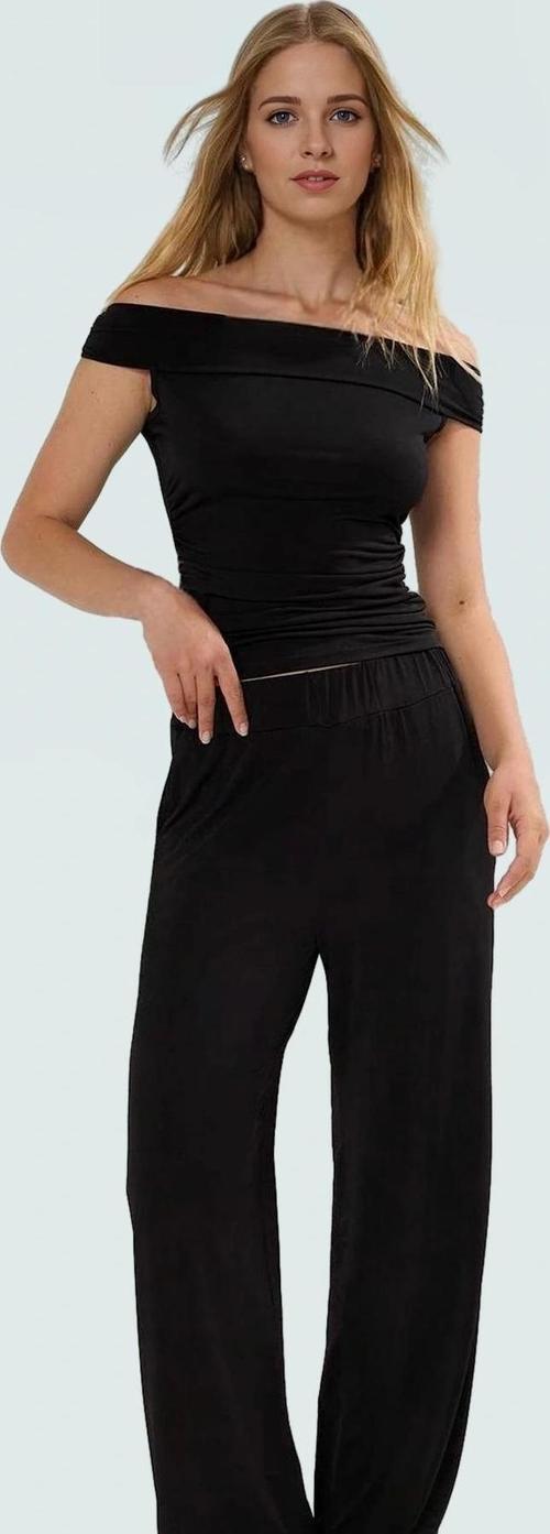Rahat ve Şık Örme Bluz Pantolon Takım Carmen Yaka Geniş Paça Uzun Boy Mükemmel Uyum