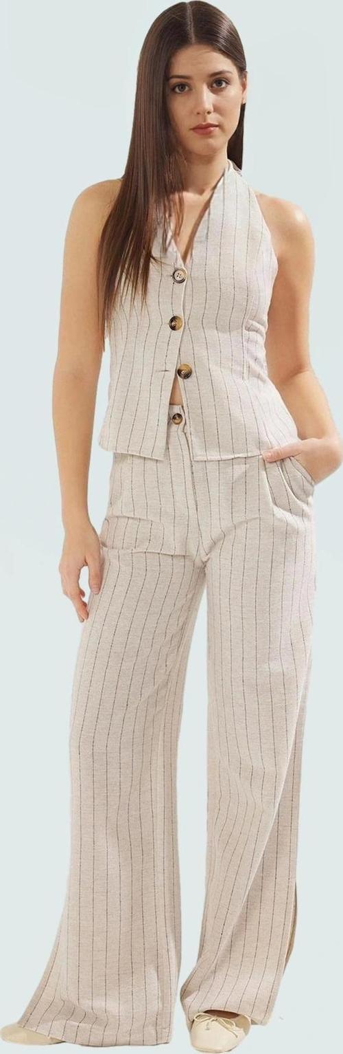 Rahat Çizgili Keten Takım Yelek ve Geniş Paça Pantolon Kaliteli İşçilik Mükemmel Uyum