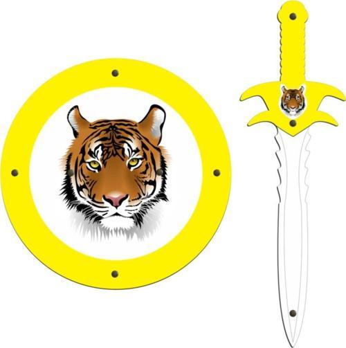 Ahşap Oyuncak Seti 2’li, Kaplan Başlı Kalkan Ve Kılıcı, Sarı