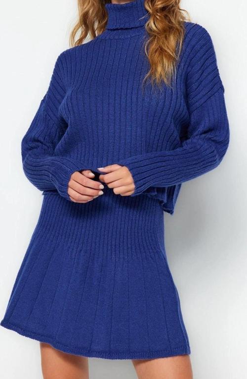 Moda Triko Düz Balıkçı Yaka Casual Günlük Taş Crop Yumuşak Dokulu Pileli Etekli Triko Alt-Üst Takım