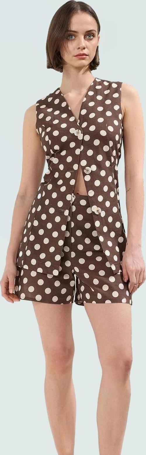 Pamuklu Puantiyeli V Yaka Yelek Şort Takım Yazlık Ofis Şık Uzun Ömürlü Mükemmel Uyum