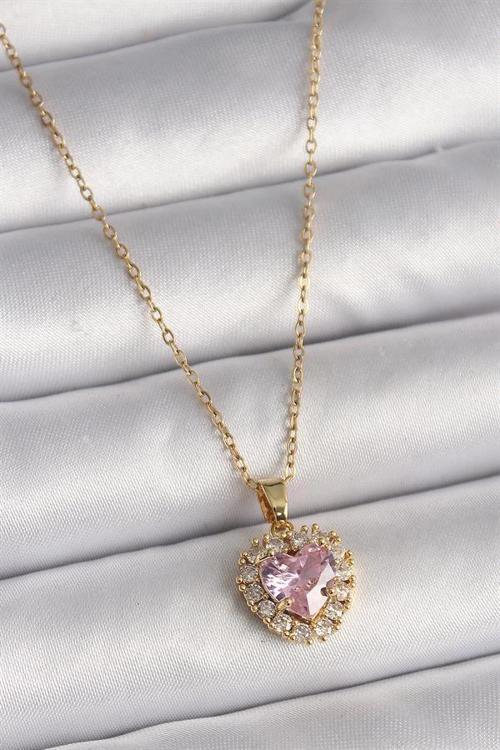 316L Çelik Gold Renk Zincir Pembe Zirkon Taşlı Kalp Model Kadın Kolye