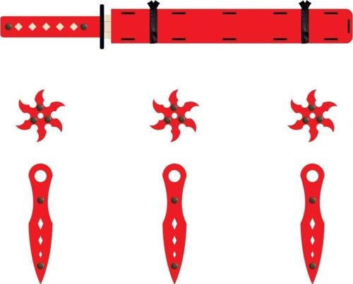 Ahşap Samuray Seti 3 Lü, Katana Kılıcı+3 Ad. Ninja Yıldızı Kohga+3 Ad. Fırlatma Bıçağı Kunai Kırmızı