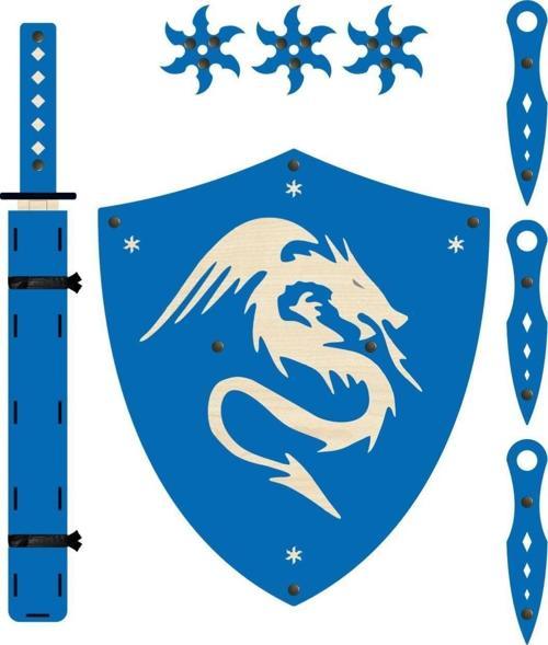 Ahşap Samuray Seti 4 Lü, Kalkan + Katana Kılıcı + Ninja Yıldızı Kohga + Fırlatma Bıçağı Kunai, Mavi