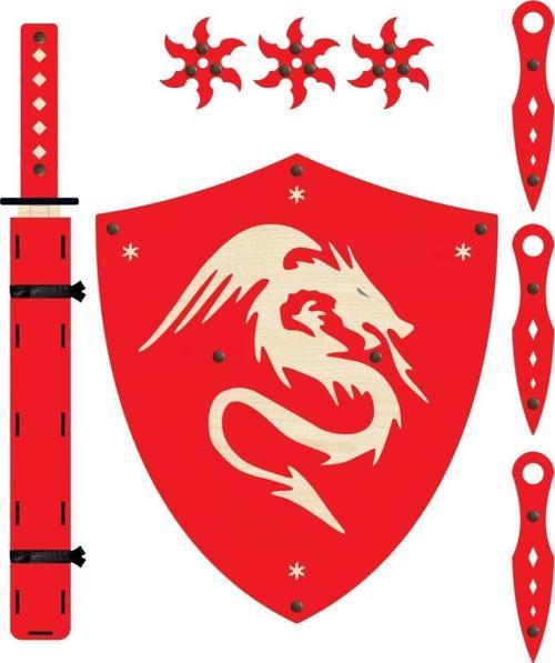 Ahşap Samuray Seti 4 Lü, Kalkan + Katana Kılıcı+ninja Yıldızı Kohga+fırlatma Bıçağı Kunai Kırmızı