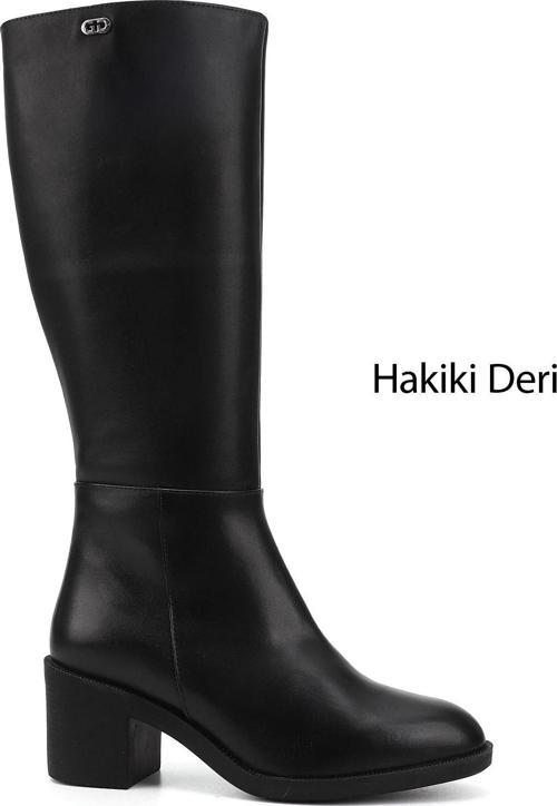 Kadın Siyah Fermuarlı Kalın Topuklu Hakiki Deri Çizme