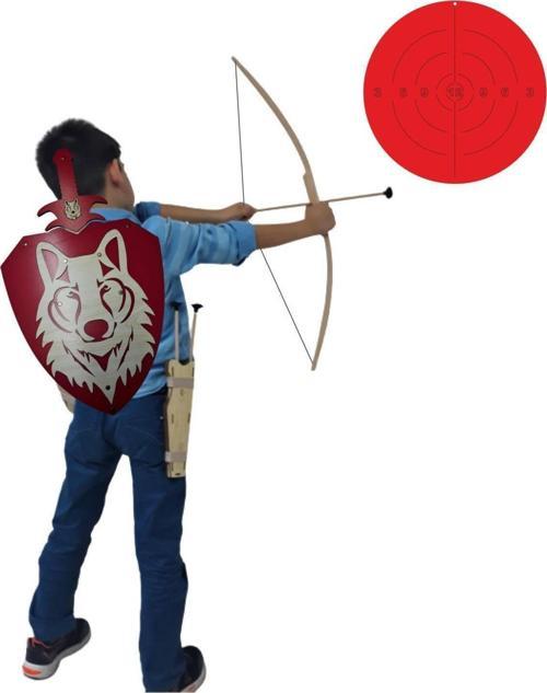 Doğal Ahşap Ok Yay + Kurt Başlı Kalkan + Kılıç + Sadak + Hedef Kırmızı