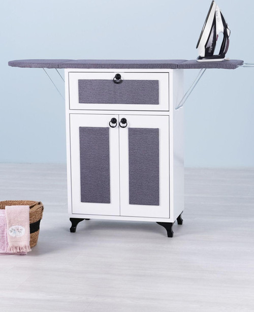 Rose Katlanır Dolaplı Ütü Masası – Beyaz Gövde, Antrasit Desenli Kumaş