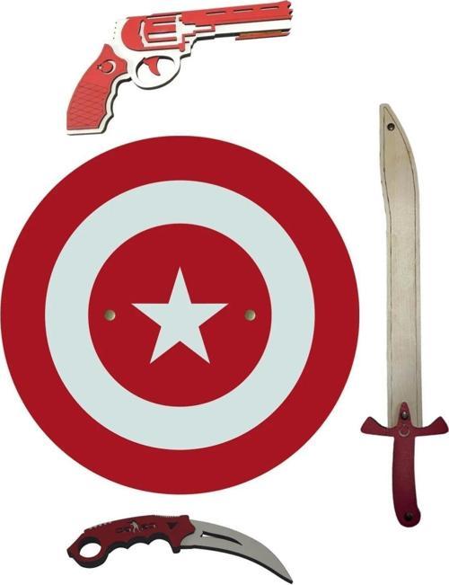 Kaptan Türkiye 4 Lü Set, Ahşap Kalkan, Kılıç, Karambit, Tabanca