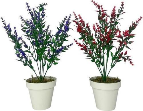 Yapay Çiçek Krem Saksıda 2 Adet Lavanta Mor Ve Kırmızı Renk 28cm