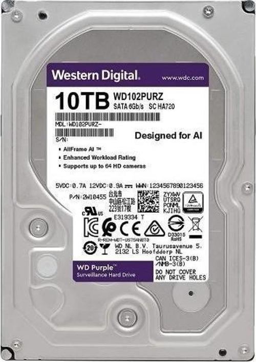 Purple 10TB 7200rpm 256MB Sata3 7/24 Güvenlik 3.5" Harddisk (WD102PURZ)