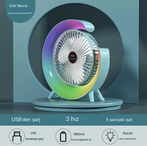Masaüstü Vantilatör Usb Şarjlı Rgb Led Işıklı 3 Kademeli 180° Ayarlanabilir Soğutucu Fan Mavi