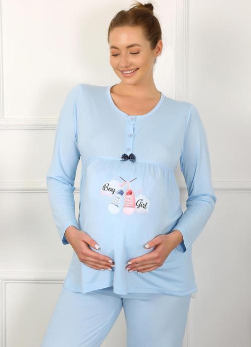 Kadın Uzun Kol Hamile Lohusa Pijama Takımı Mavi 45501