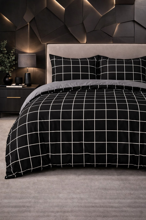Çift Kişilik Nevresim Takımı Lastikli Çarşaf Kareli Siyah Beyaz