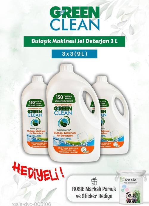 Bulaşık Mak. Jel Deterjan 3x3 (9L) Green Clean ve Rosie pamuk hediye