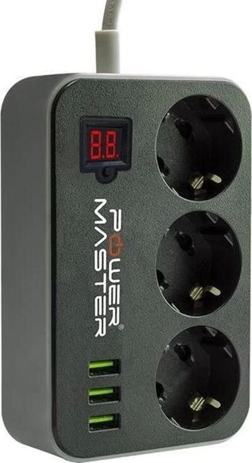 3 Usb Çıkışlı Dijital Ekranlı 10A-2500 W Siyah 1.8 Metre Kablolu 3'lü Akım Korumalı Priz