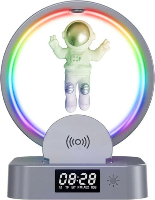 Bluetooth Hoparlör Sd Kart Usb Fm Radyo 5W Kablosuz Şarj Çalar Saat Gece Lambası Ambians Led Işık