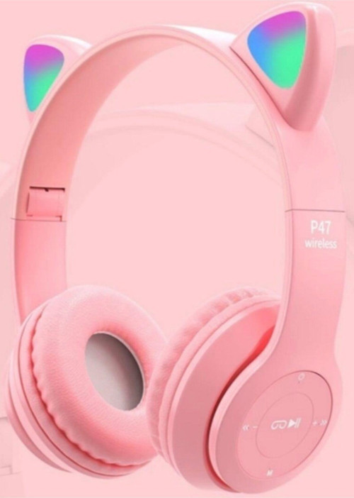 P47M Bluetooth Kedi Kulaklık Katlanabilir Sd Kart Girişli Mikrofonlu Kablosuz Led Işıklı Kulaklık