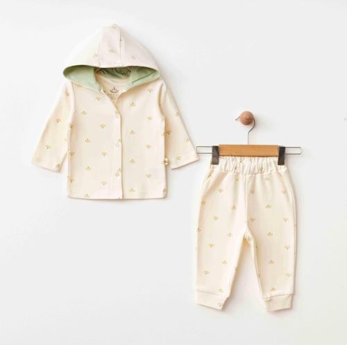 ÇİÇEKLİ KAPŞONLU HIRKA PANTLON SET Ekru