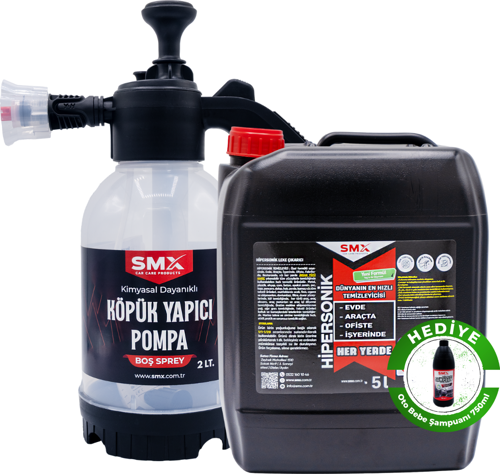 HİPERSONİK - Dünyanın En Hızlı Temizleyicisi 5 KG ve 2 LİTRE KÖPÜK Yapıcı Kimyasal Dayanımlı Basınçlı Pompa, Bebe Şampuanı Hediye