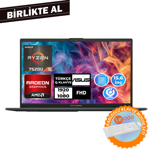 Vivobook Go 15 Ryzen 5 7520U 16GB 512GB SSD 15.6" W11P+Kablosuz Klavye Mouse E1504FA-NJ1465 032