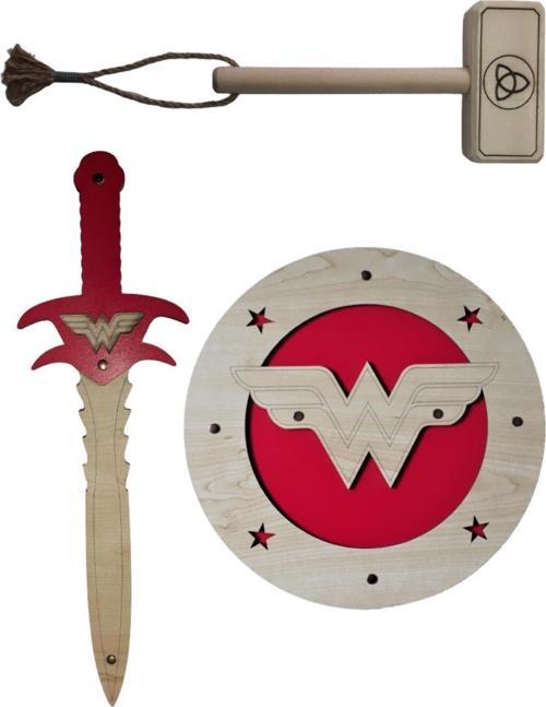 Ahşap Oyuncak Seti 3'lü, Wonder Woman Kalkanı + Kılıcı Ve Ahşap Tor (thor) Çekici
