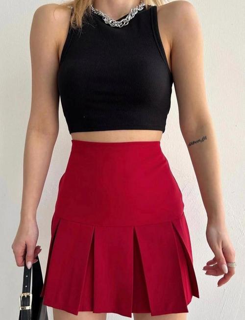 Altı geniş pileli etek bordo s24729