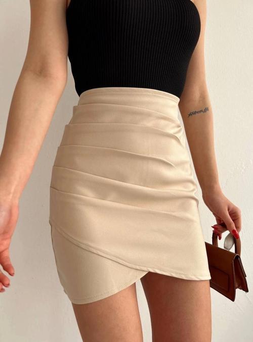 Yandan drapeli asimetrik etek bej s24771