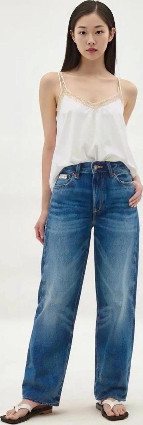90S Straight Denim Kadın Mavi Kontrol Et LV047B917G-UT5