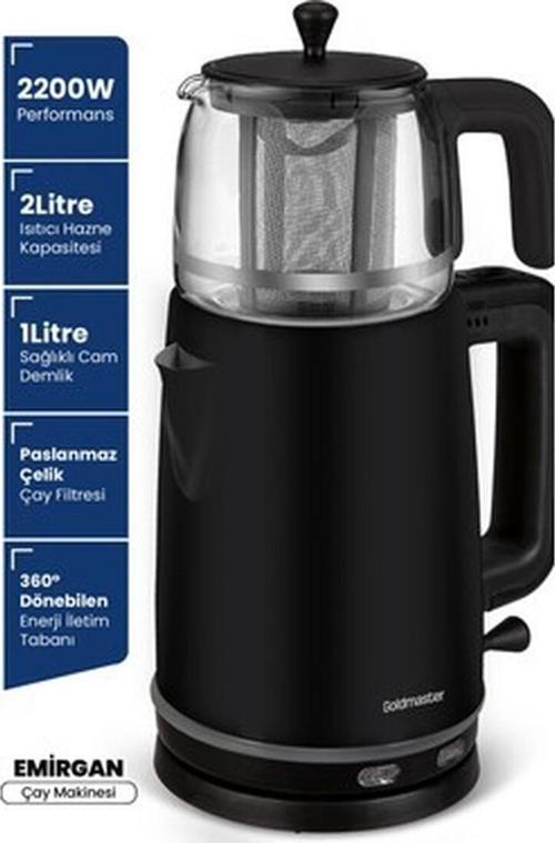 Emirgan Siyah 2200 Watt Geniş Hazneli Paslanmaz Çelik Çay Makinesi ve Su Isıtıcısı