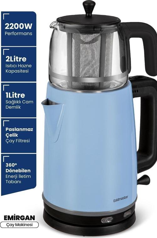 Emirgan Buz Mavisi 2200 Watt Geniş Hazneli Paslanmaz Çelik Çay Makinesi Ve Su Isıtıcısı