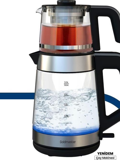 Yenidem Inox Geniş Hazneli Demlikli Alman Schott Cam Çay Makinesi Ve Led Işıklı Su Isıtıcısı