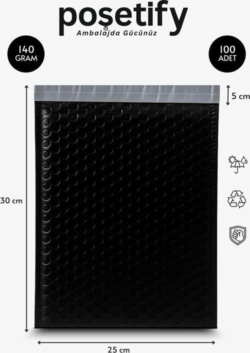 Balonlu Siyah Kargo Poşeti 25X30+5 Cm | 140 Gr Bantlı Patpatlı Kargo Poşeti | 100’Lü
