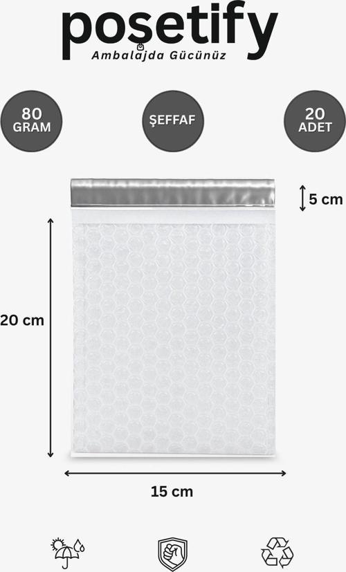 Balonlu Şeffaf Kargo Poşeti 15X20+5 Cm | 80 Gr Bantlı Patpatlı Kargo Poşeti | 20’Li E-Ticaret Poşeti