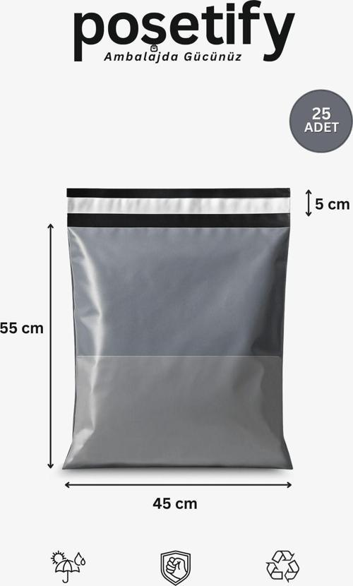 Gri Cepli Kargo Poşeti 45X55+5 Cm | Yapışkan Bantlı Gönderi Zarfı | 25’Li E-Ticaret Poşeti