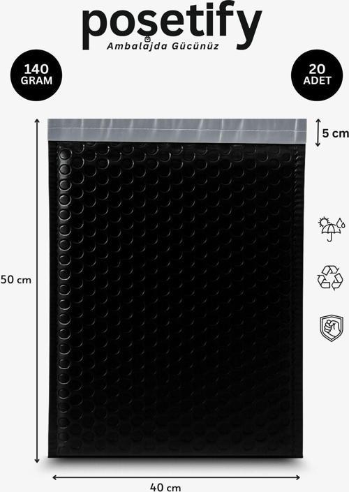 Balonlu Siyah Kargo Poşeti 40X50+5 Cm | 140 Gr Bantlı Patpatlı Kargo Poşeti | 20’Li E-Ticaret Poşeti