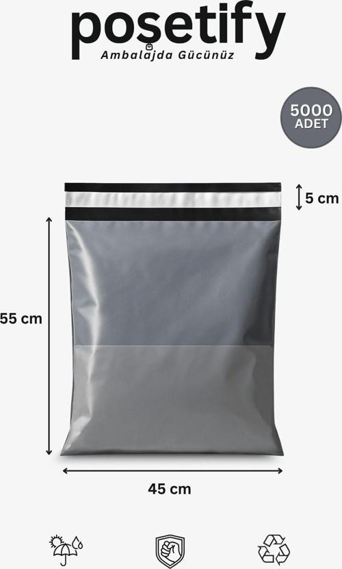 Gri Cepli Kargo Poşeti 45X55+5 Cm | Yapışkan Bantlı Gönderi Zarfı | 5000’Lü E-Ticaret Poşeti